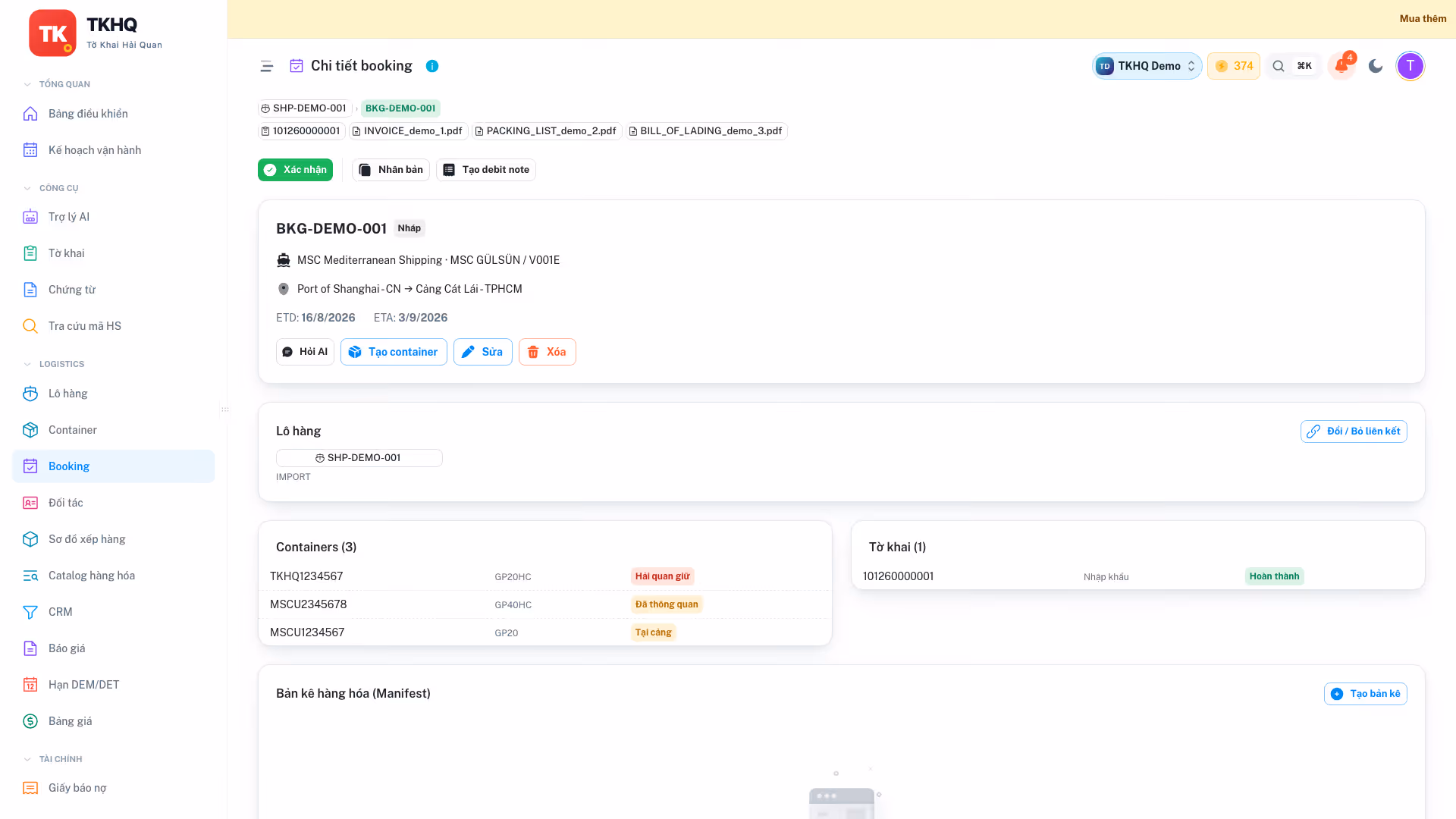 Trang chi tiết booking TKHQ với bảng manifest và thông tin