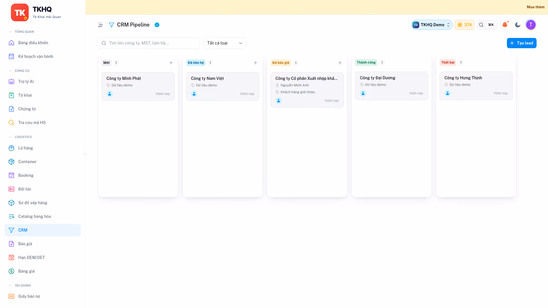 Bảng pipeline CRM của TKHQ với các giai đoạn và thẻ cơ hội