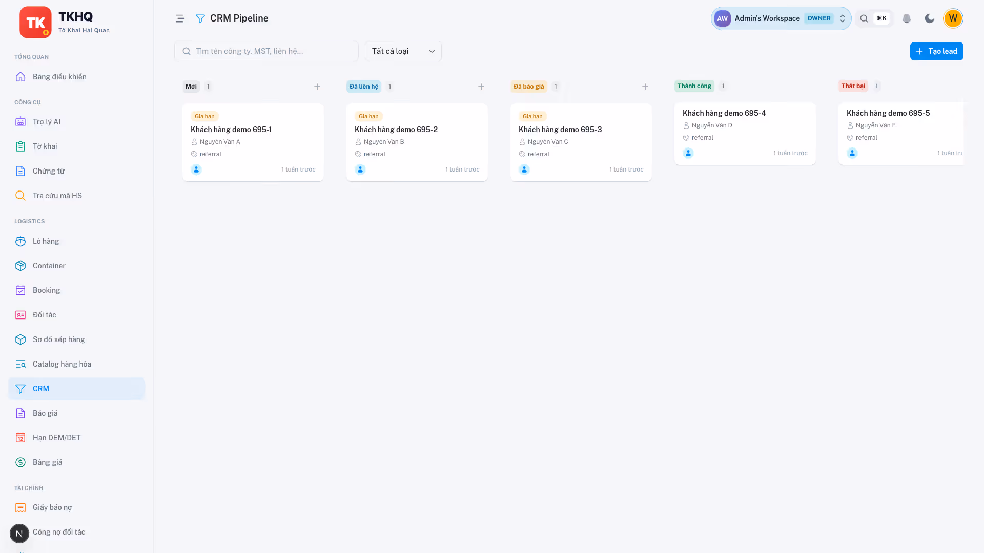 Pipeline CRM của TKHQ — bảng kéo thả cơ hội bán hàng theo từng giai đoạn