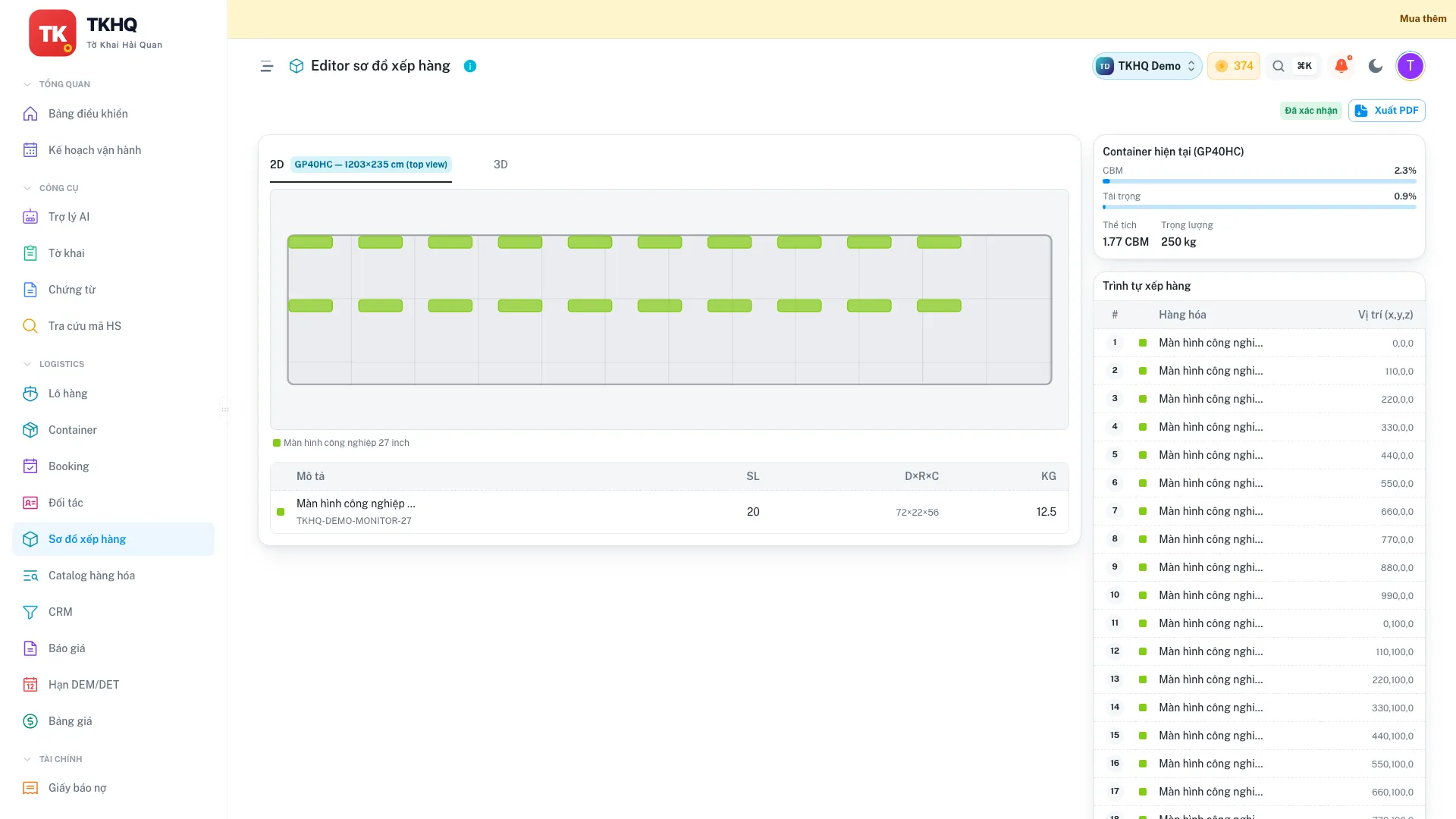 Load Plan Editor TKHQ — sơ đồ xếp hàng container GP40HC với các kiện đã đặt
