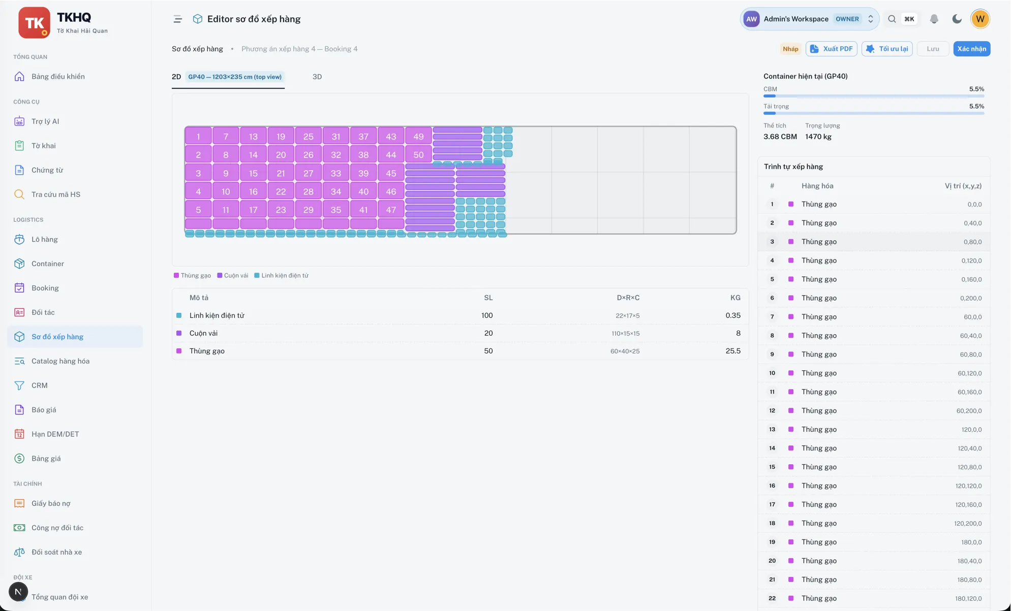 Load Plan Editor TKHQ — sơ đồ xếp hàng container GP40 với trình tự đặt hàng và chỉ số CBM/tải trọng