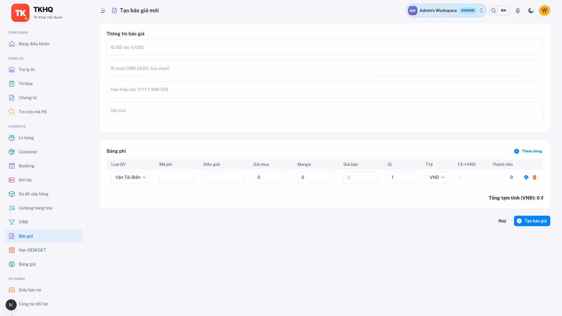 Quote builder TKHQ dựng báo giá door-to-door, cộng phí và biên lợi nhuận tự động