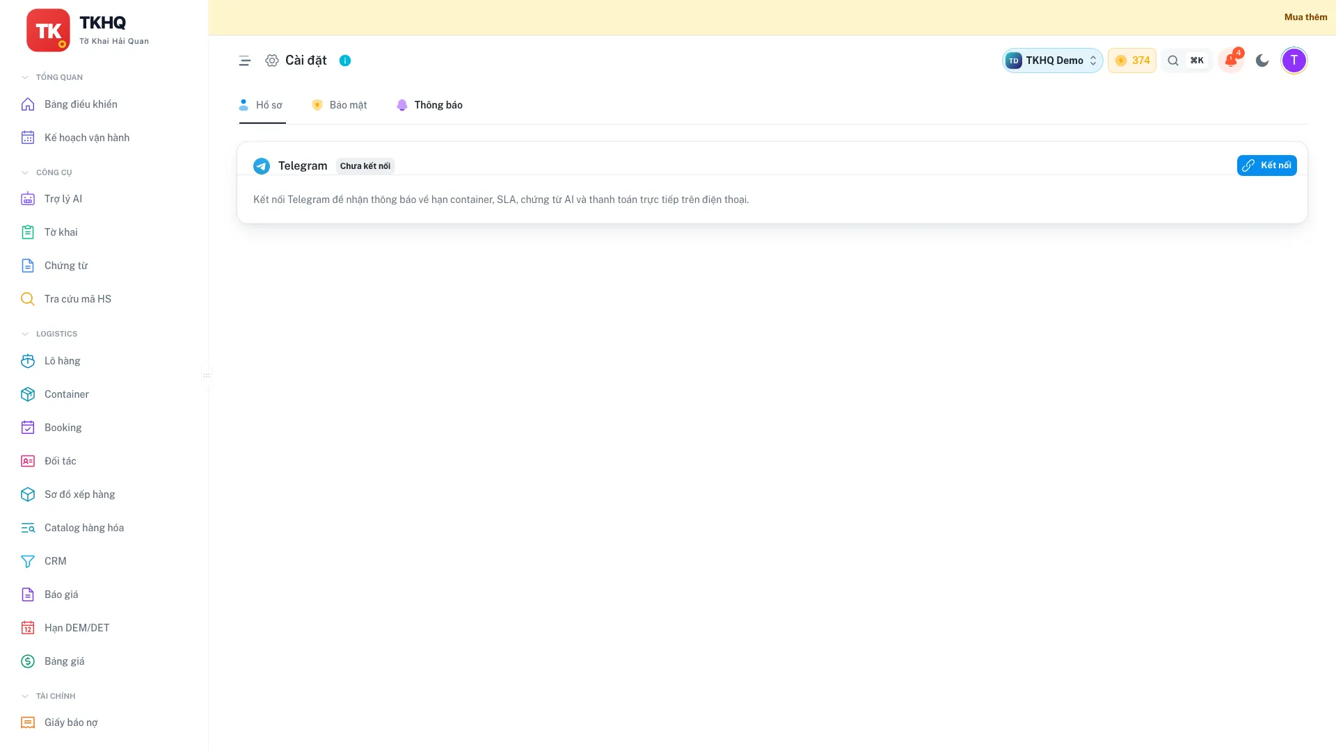 Màn hình thiết lập tích hợp thông báo Telegram của workspace trên TKHQ